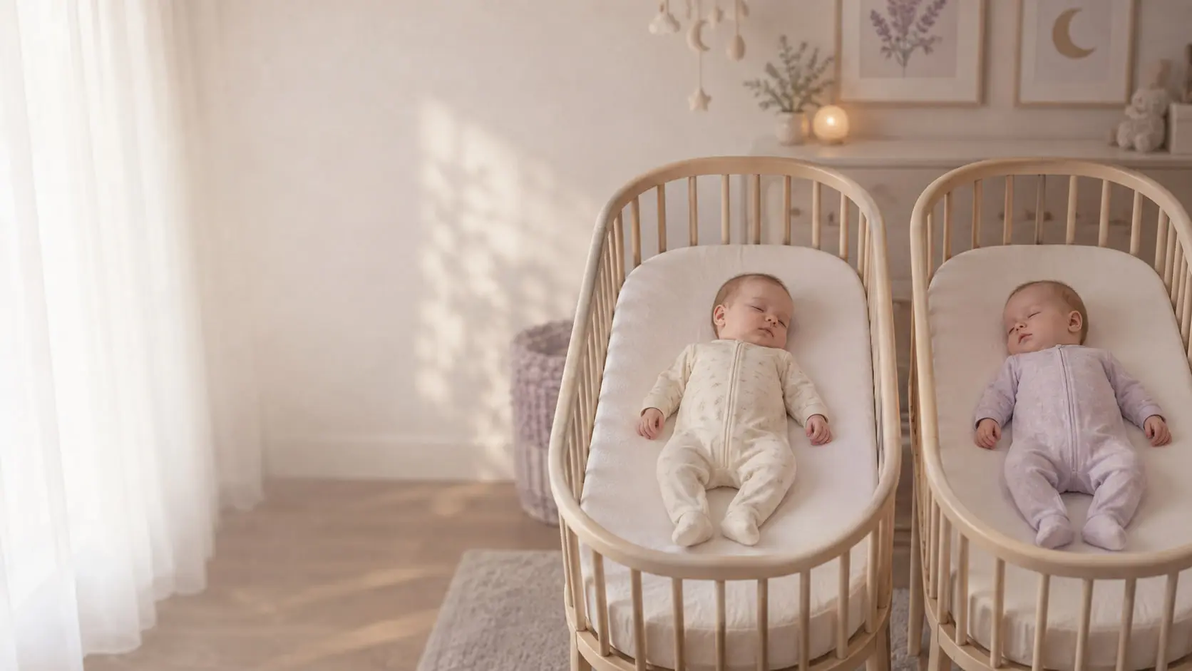 Twin babies asleep side by side in matching bassinets